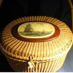 Restored Barlow type NANTUCKET BASKET Vintage w WHALING Scene